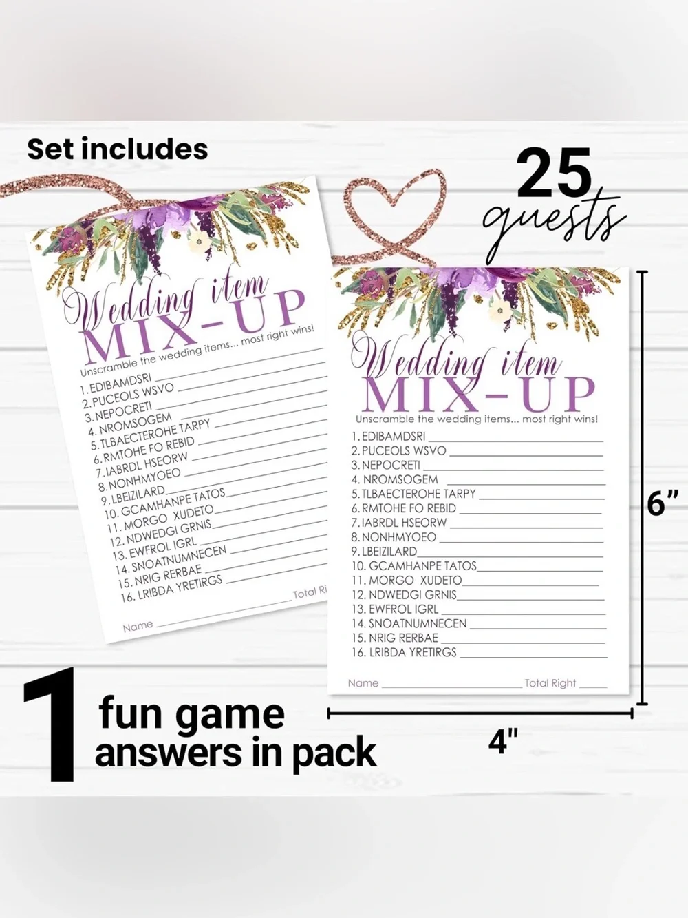 Purple Floral Bridal Shower Game 💜🌸 Wedding Word Scramble (25 Cards)